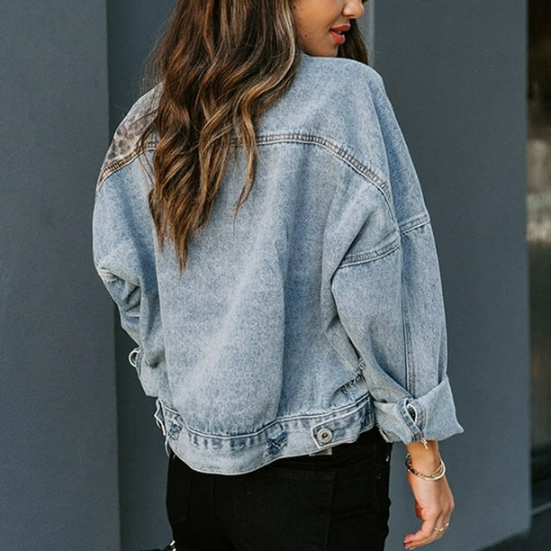 XZNGL Veste Jean Longue pour Femmes Veste Jean Patchwork Imprime Leopard a Manches Longues Manteau Imprime Leopard Manches Longues pour Femmes Veste