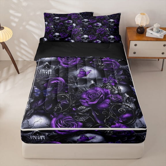 Homewish Halloween Horror Skull Zipper Twin Comforter Sets with Fitted Sheet and 2 Pillowcases,Goth Romantic Rose Zipper Bedding Set,Purple,Black Reversible,4pcs