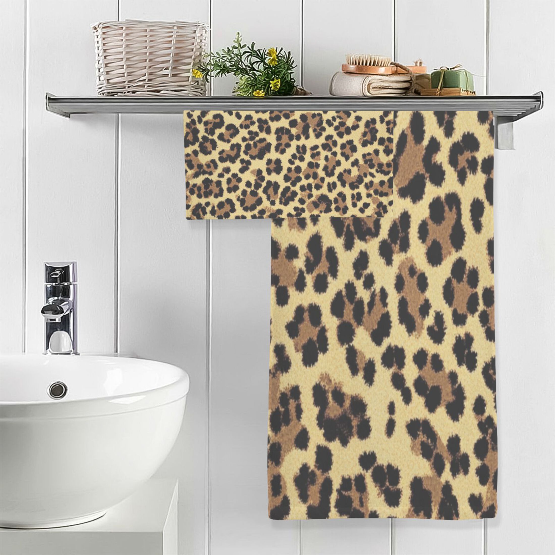 Qxltty Brown Leopard Bath and Hand Towel Set 100% Cotton Towels for Bathroom Soft Durable and Absorbent