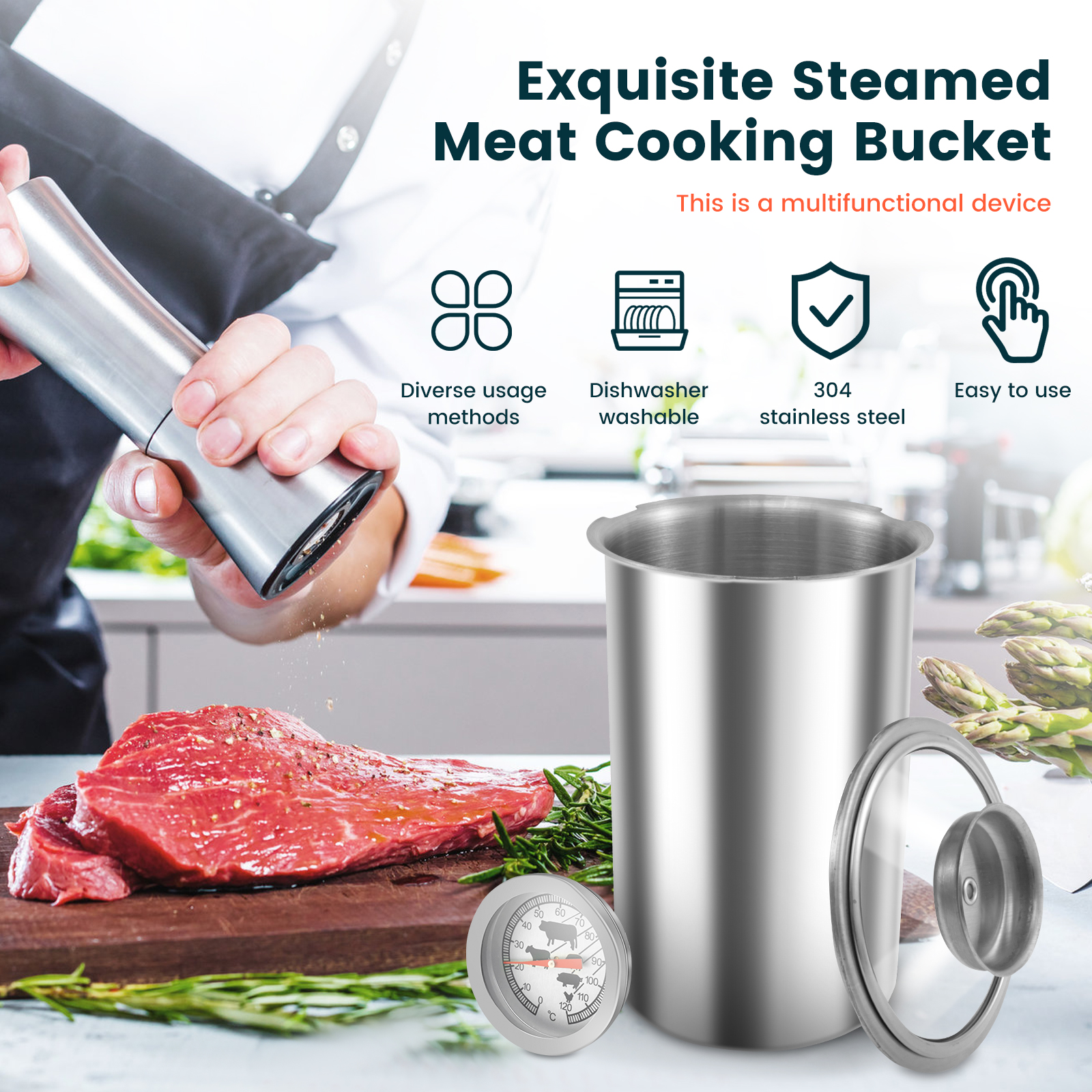 Ham Maker Meat Press with Thermometer Stainless Steel Meat Press Mold Dishwasher Safe Deli Meat Press Multifunctional Ham Press with Spring Ham Press Cooker for Meat Kitchens