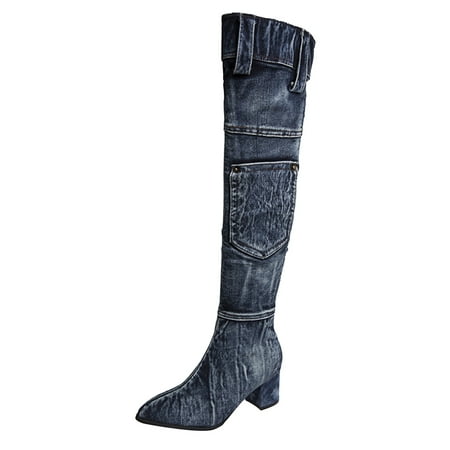

Qufokar Cute Snow Boots Women Women Over The Knee Boots With Heel Ladies Vintage Solid Denim High Heel Fashion Stretch Over Knee Boots
