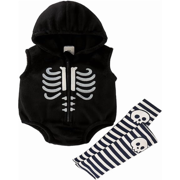 stylesilove Unisex Baby Boy & Girl Skeleton Fleece Black Hooded Jumpsuit with Striped Leg Warmers 3pcs Fall Festival Outfit (0-3 Months)