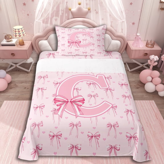 Erosebridal Pink Bow Tie Initial C Twin Sheet Sets 3pcs For Children Teens,Cute Love Heart Print Bedding For Girls