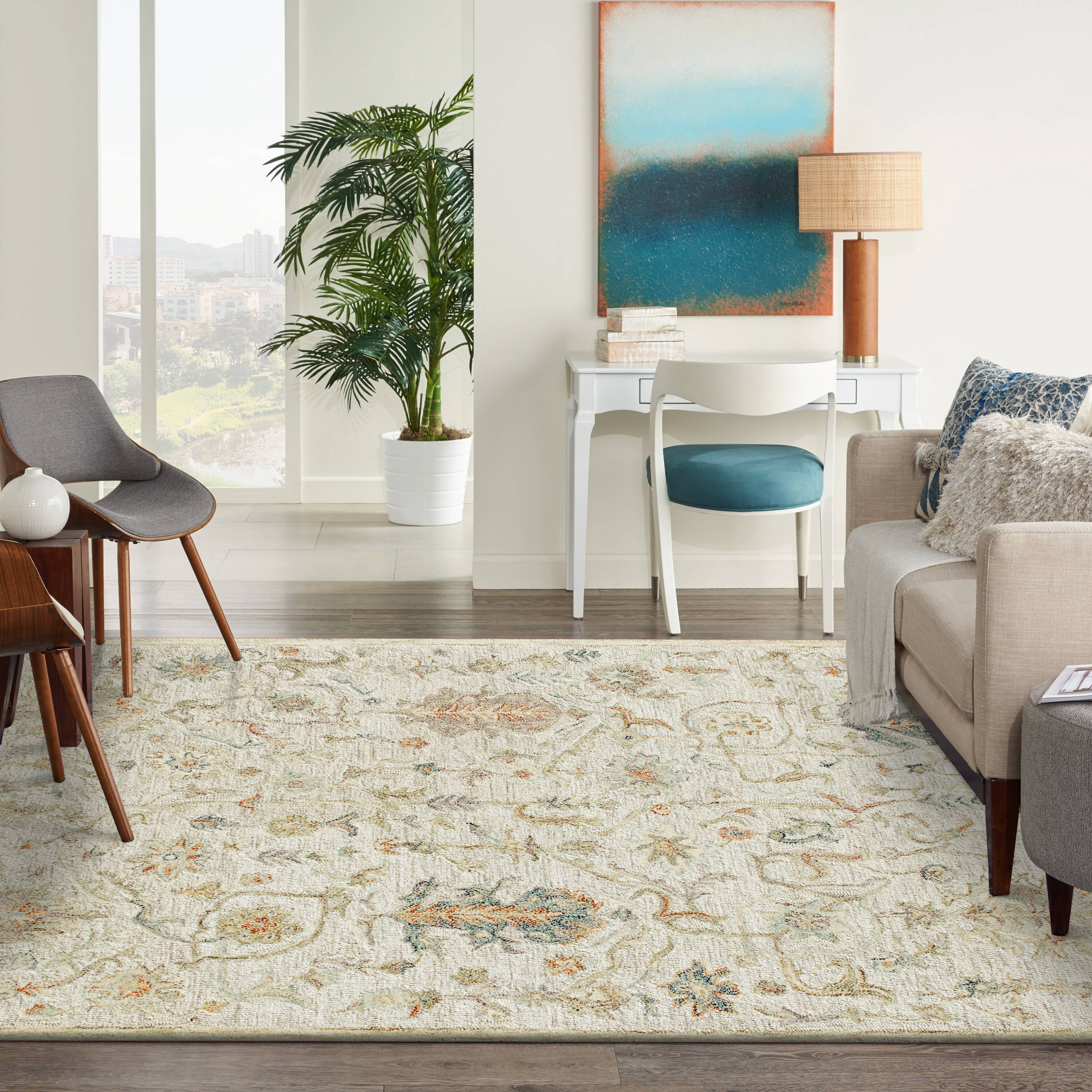 Laddha Home Designs 5' x 7.75' Hand Tufted Abstract Floral Area Throw Rug - Cream and Blue