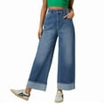thumbnail image 3 of Womens Wide Leg Jeans High Waisted Stretchy Cuffed Baggy Denim Pants Dark Blue L, 3 of 9