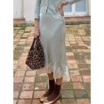 thumbnail image 2 of Sky Blue Silk Satin Midi Skirt With Delicate Lace Hem Elastic Waist A-Line Flowy Elegant Skirt, 2 of 6