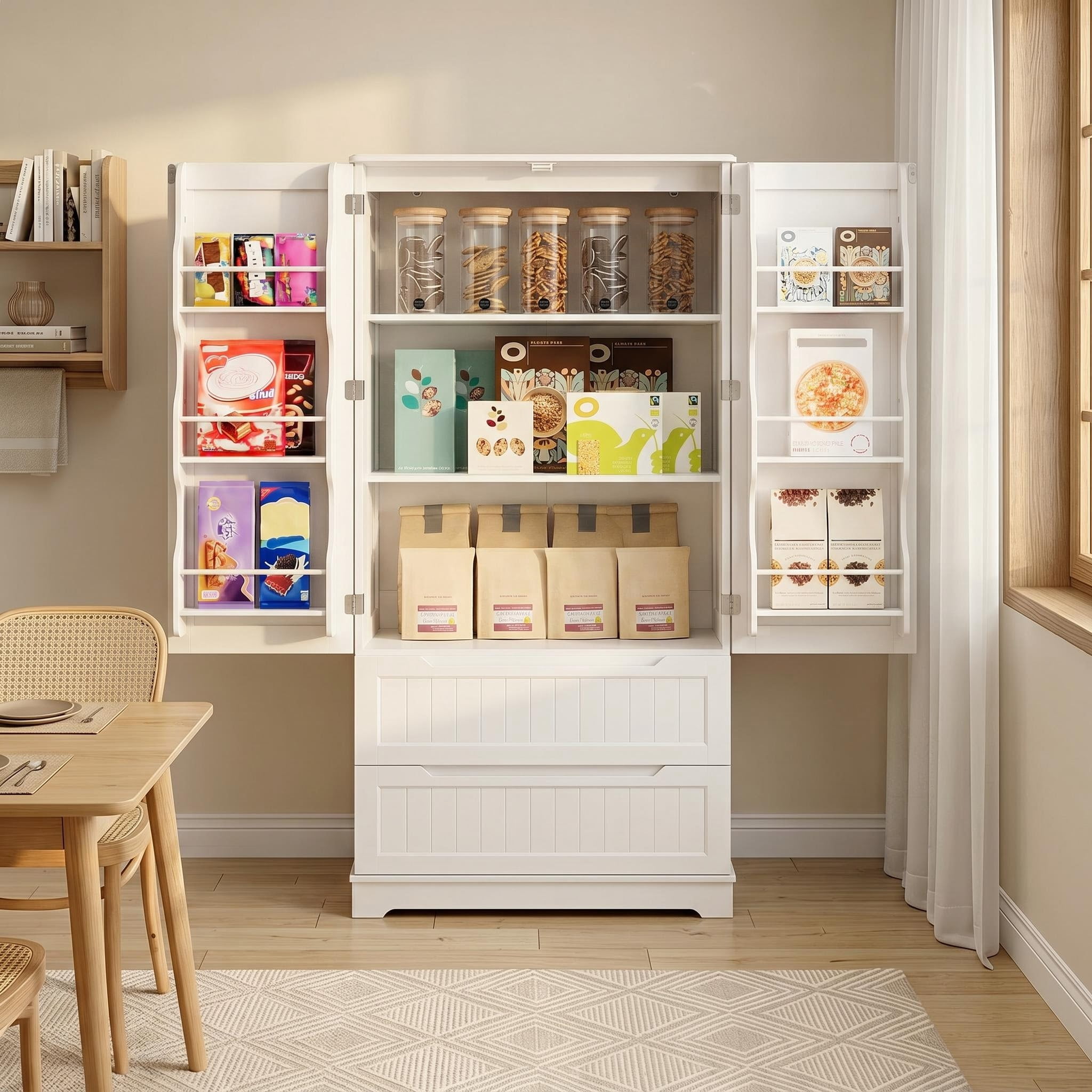 Pantry Cabinet, Lofka 63" Kitchen Pantry Storage Cabinet with Magnetic Doors and 9 Shelves, White