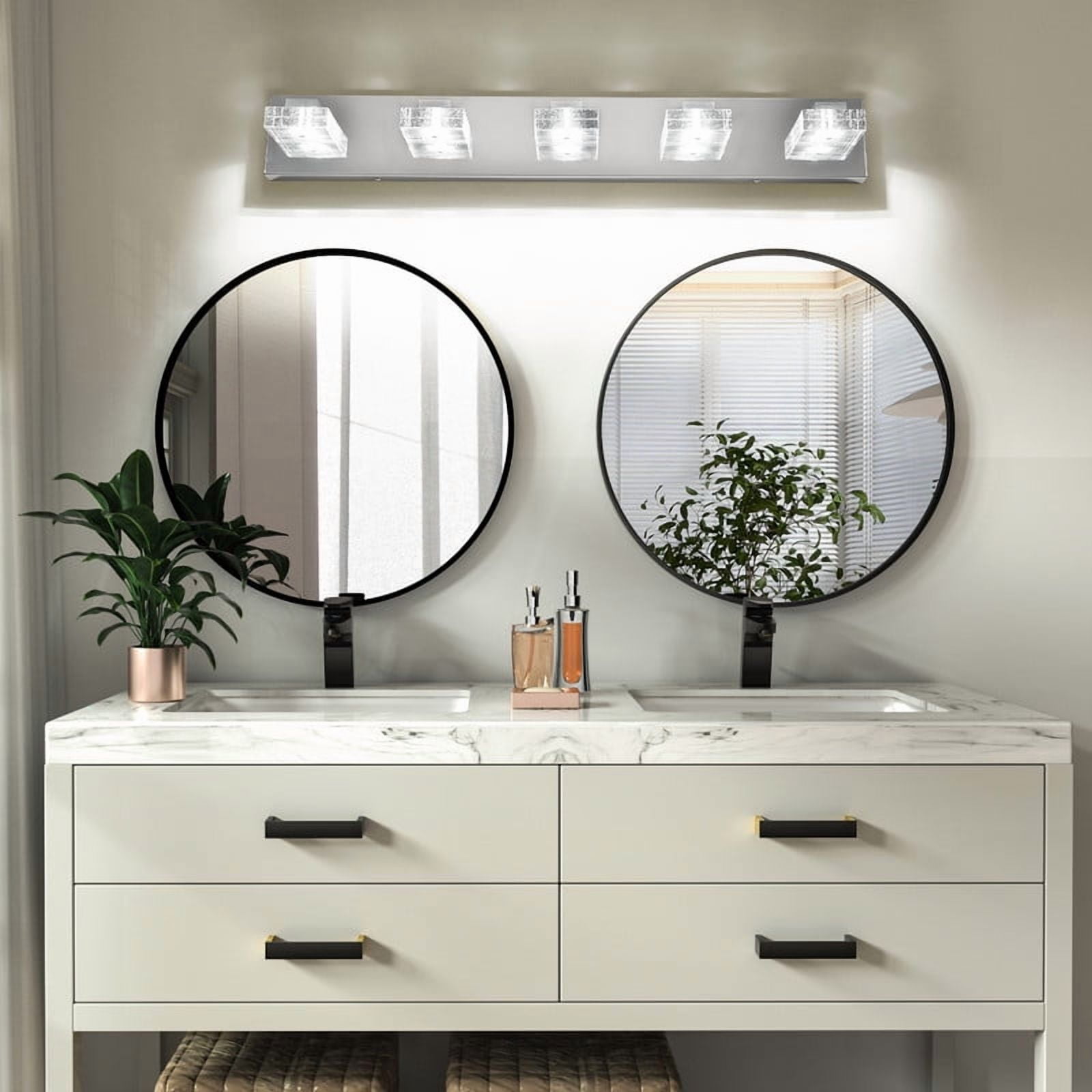 31" Chrome 5-Light LED Vanity Light - Square Acrylic Bathroom Wall Fixture, Dimmable Mirror Lighting for Makeup, Modern Hardwired Sconce