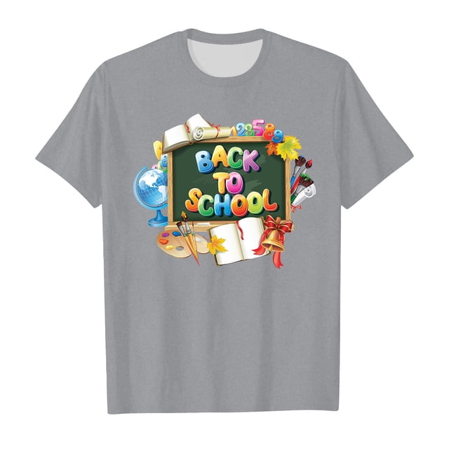 Chemises pour Fillettes Hauts à Manches Courtes Confortables Motif Rentrée des Classes Mignon Dessin Animé Hauts pour Filles, T-Shirts Gris 5 Ans-6 Ans