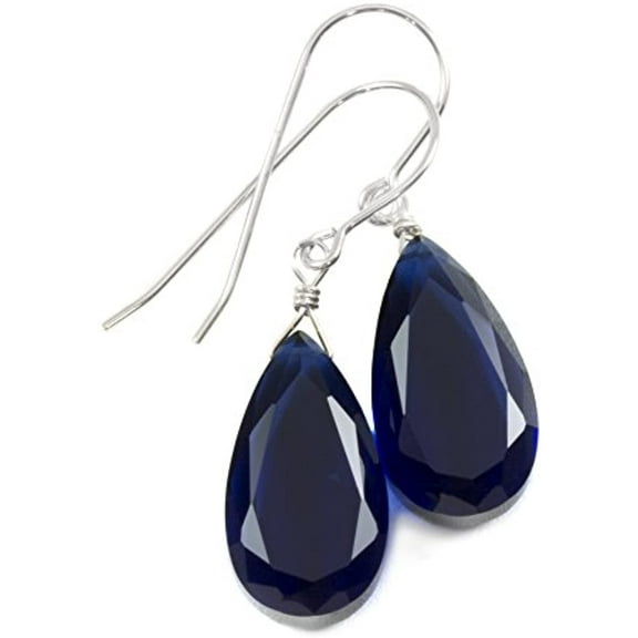 Sterling Silver Deep Blue Simulated Sapphire Earrings Faceted Teardrops Simple Dainty Drops 1.4" Designed for Adult Women