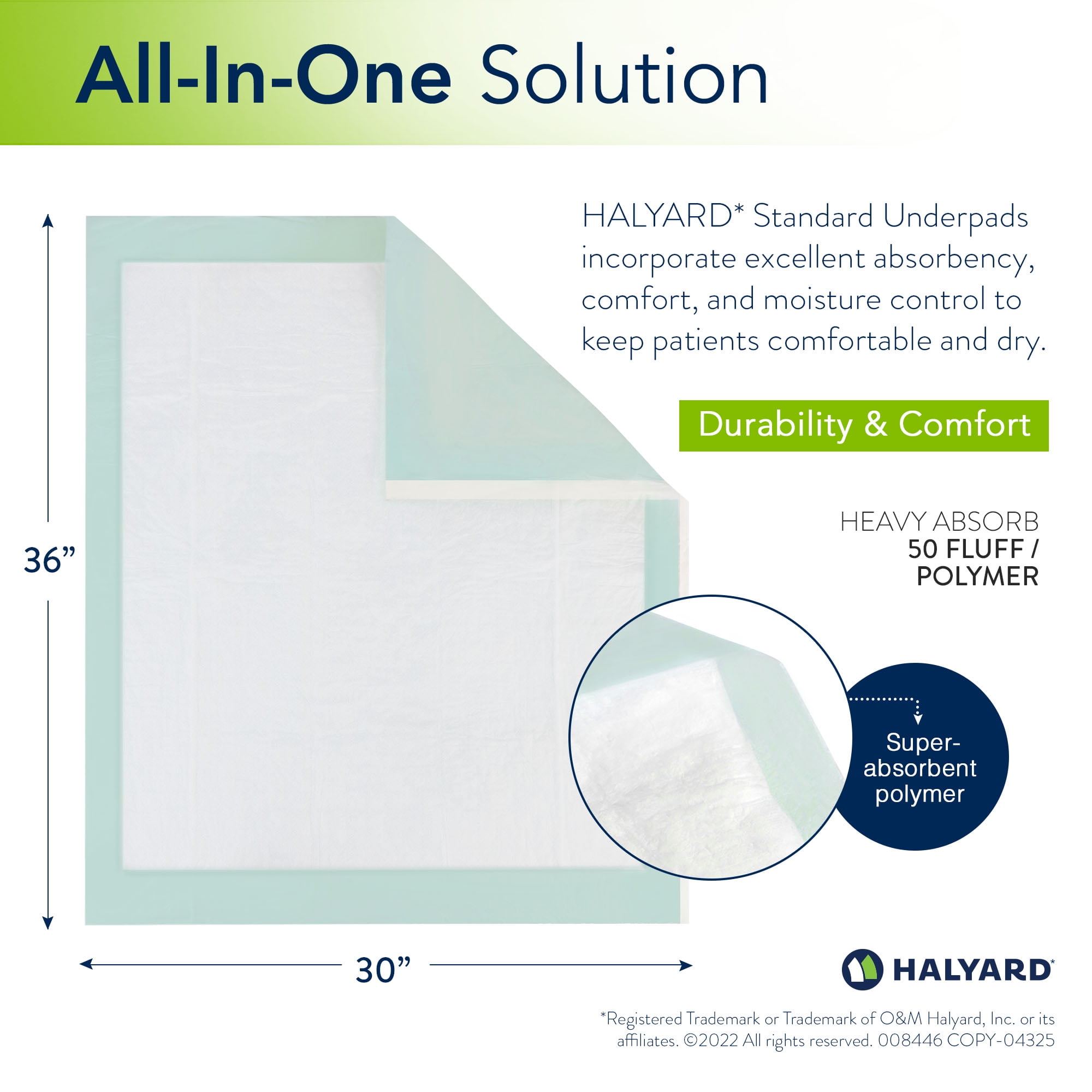 HALYARD Premium Disposable Underpads, 30 x 36 Inches Chux Pads - Light Green, Case of 50 - Incontinence Bed Pads for Adults with Airlaid Core for Moisture and Odor Control