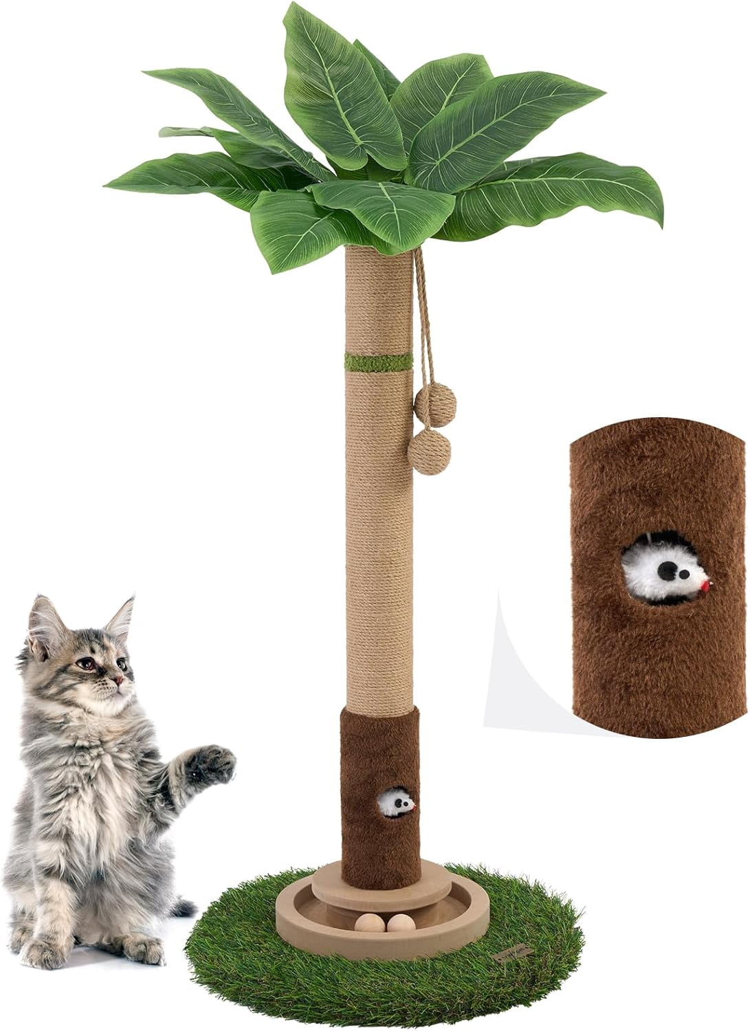 35" Tall Cat Scratching Post Tree Tower with Interactive Mouse Hole and Wooden Ball for Kittens and Adult Indoor Cats