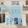 thumbnail image 3 of Full Size House Loft Bed with Slide and Tent, Wood Full Over Full Floor Bunk Bed with Curtains & Tower, Loft Bed Playhouse Bed Frame for Boys and Girls (Blue), 3 of 9