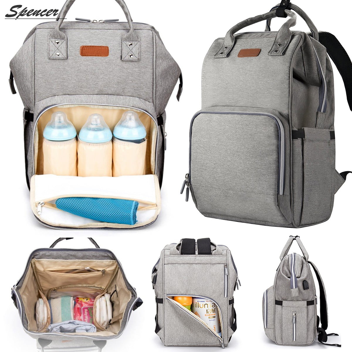 Mummy Nappy Diaper Bag USB Port Waterproof Large Baby Nursing Travel Backpacks 
