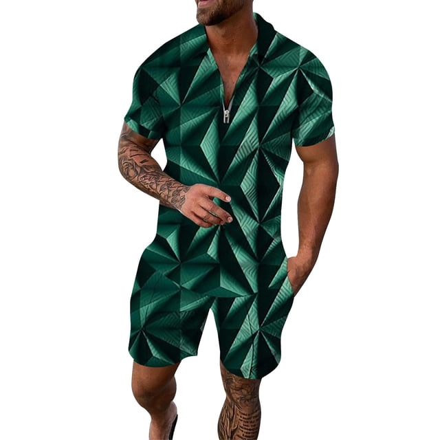 JHLZHS Men Clothes Men's Casual Striped Gradient Ramp Print Two Piece Suit Zipper Short Sleeve Top Blouse Suit Drawstring Pocket Short Set Gothic Clothes for Men Red Mens Outfits 2 Piece Casual