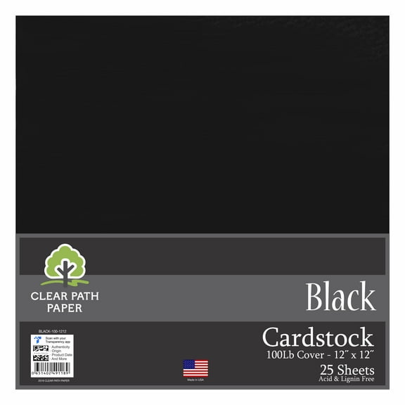 Black Cardstock - 12 x 12 inch - 100Lb Cover - 25 Sheets - Clear Path Paper