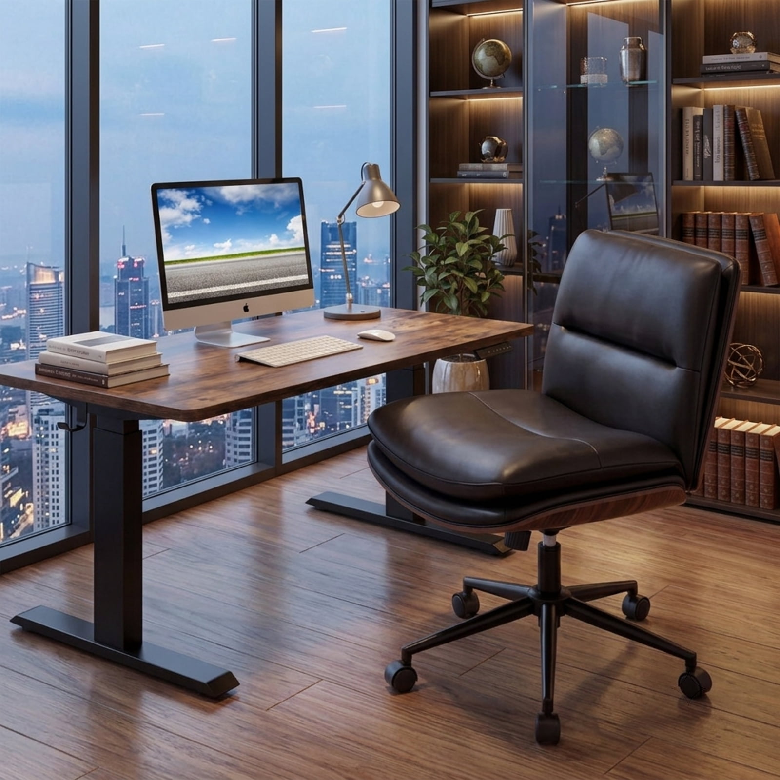 Furnibear Armless Office Chair with Curved Backrest and Padded Faux Leather Seat Small Rolling Task Chair for Home Office Vanity Bedroom Study, Black