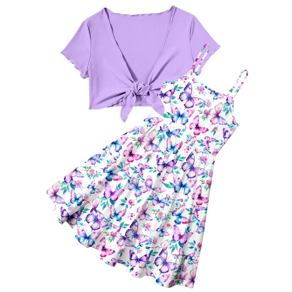 Aideaone Girls Dresses Adjustable Strap Sleeveless A Line Dress with Cardigan 2 Piece Set Casual Sundress for Girls 7-14T