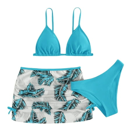 Cathalem Girls Swimsuit  Bathing Suits 3 Piece Tropical Floral Twist Cross Bikini Sets Girls  Swimwear with Cover Up Skirt (Sky Blue 11-12 Years)