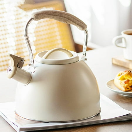 

Whistling Kettle Sounding Kettle Hiking Teapot Water Kettle with Wooden Handle for Make Tea Water Beige