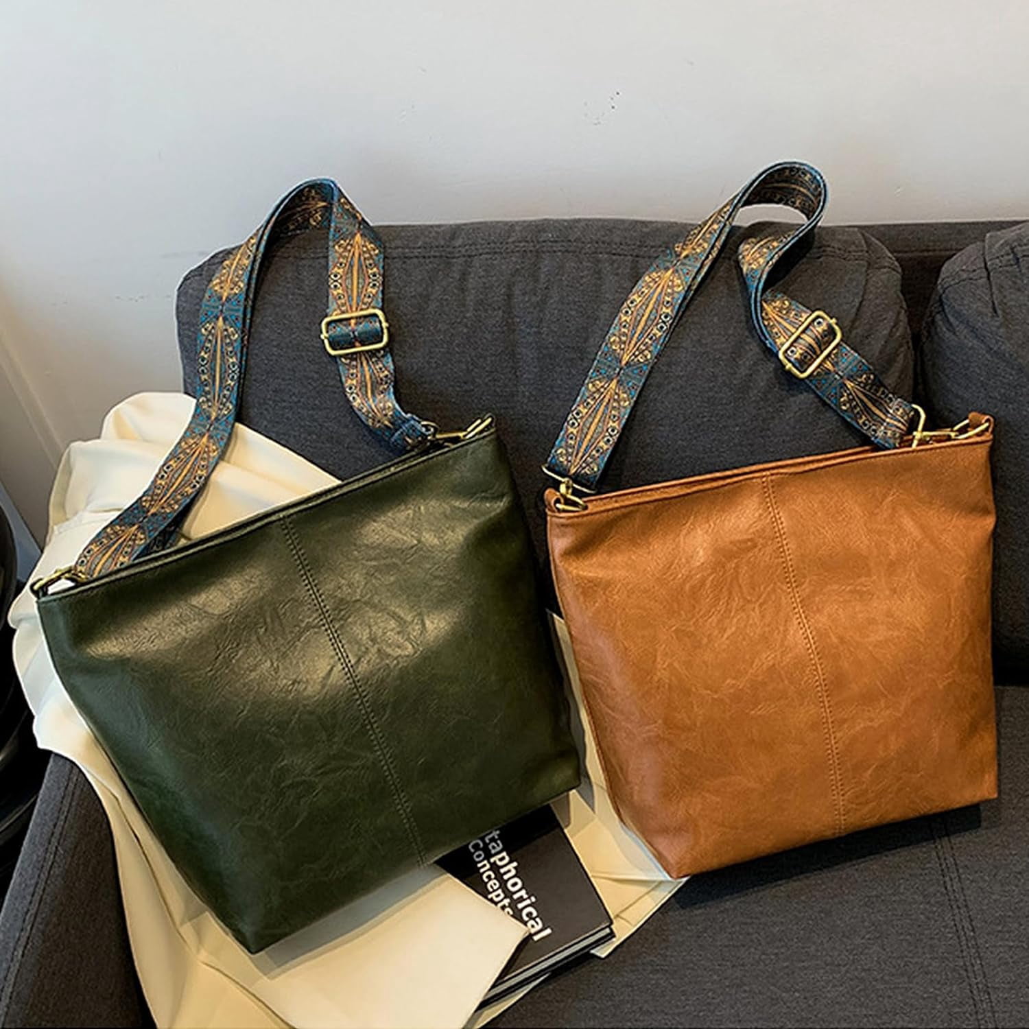 LinYooLi Hobo Bags for Women Crossbody Handbags Guitar Strap Shoulder Bucket Bag Vegan Leather Purse Trendy Boho Tote Purses