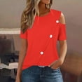 thumbnail image 2 of Fjofpr Summer，Womens Tops under $10 Women'S 2024 Summer Casual And Comfortable Solid Color Cold Shoulder Button Splicing Short-Sleeved Round Neck Top/Shirt, 2 of 7