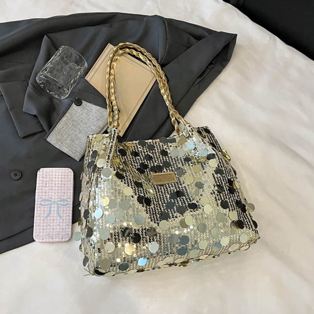 Polyester Fiber Handbag Gold Sequin Shoulder Bag Large Capacity Tote Casual Western Style Handbag(1Pcs) Rkxzt