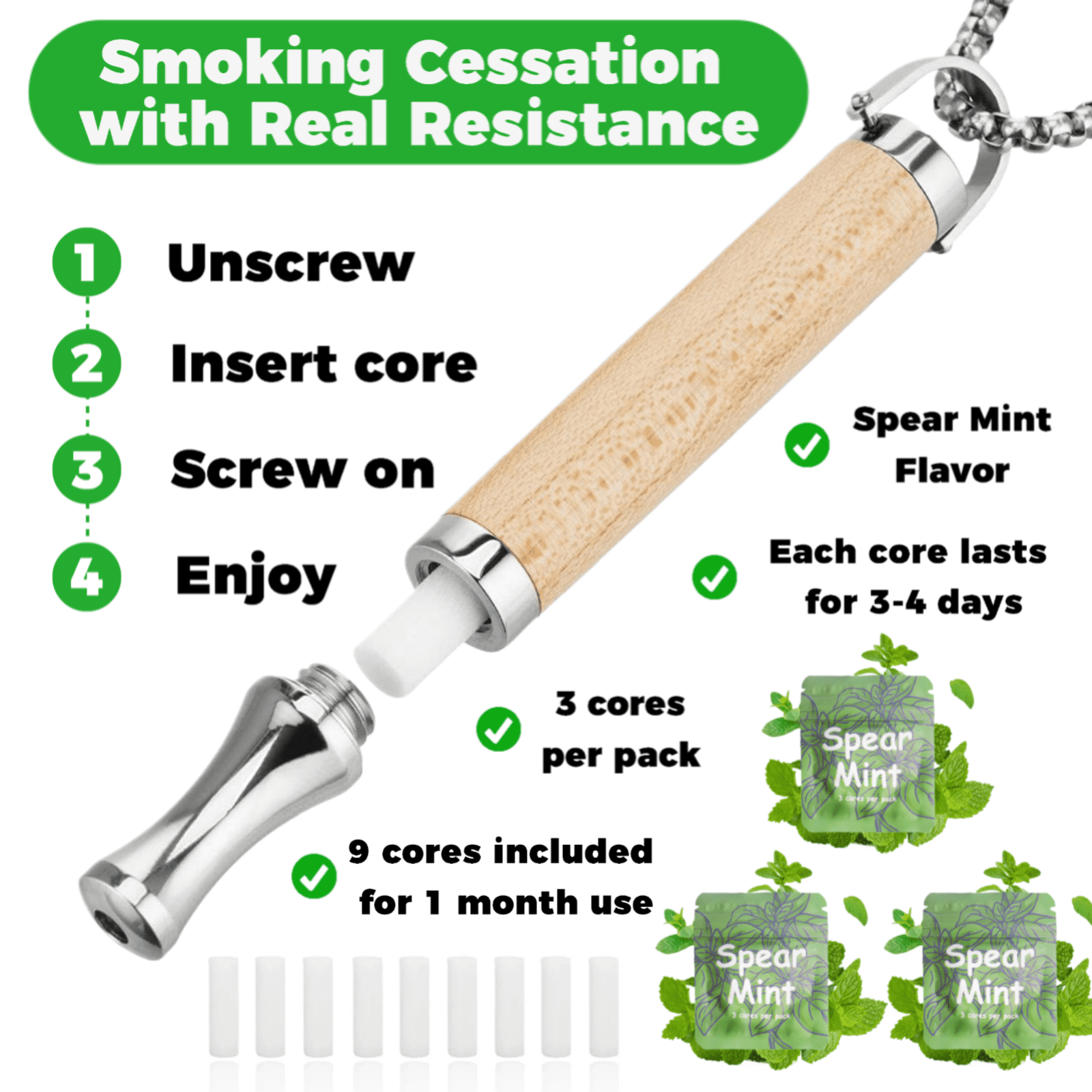 Breathing Necklace to Replace Bad Habit with 3 Packs Spearmint Refillable Pods, Habit Support Necklace for Stress Relief Sensory Fidget for Adults