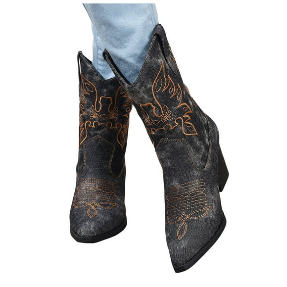 Women's Denim Cowboy Boots Classic Casual Embroidered Pointed Toe Wide Mid Calf Western Cowgirl Boots for Women