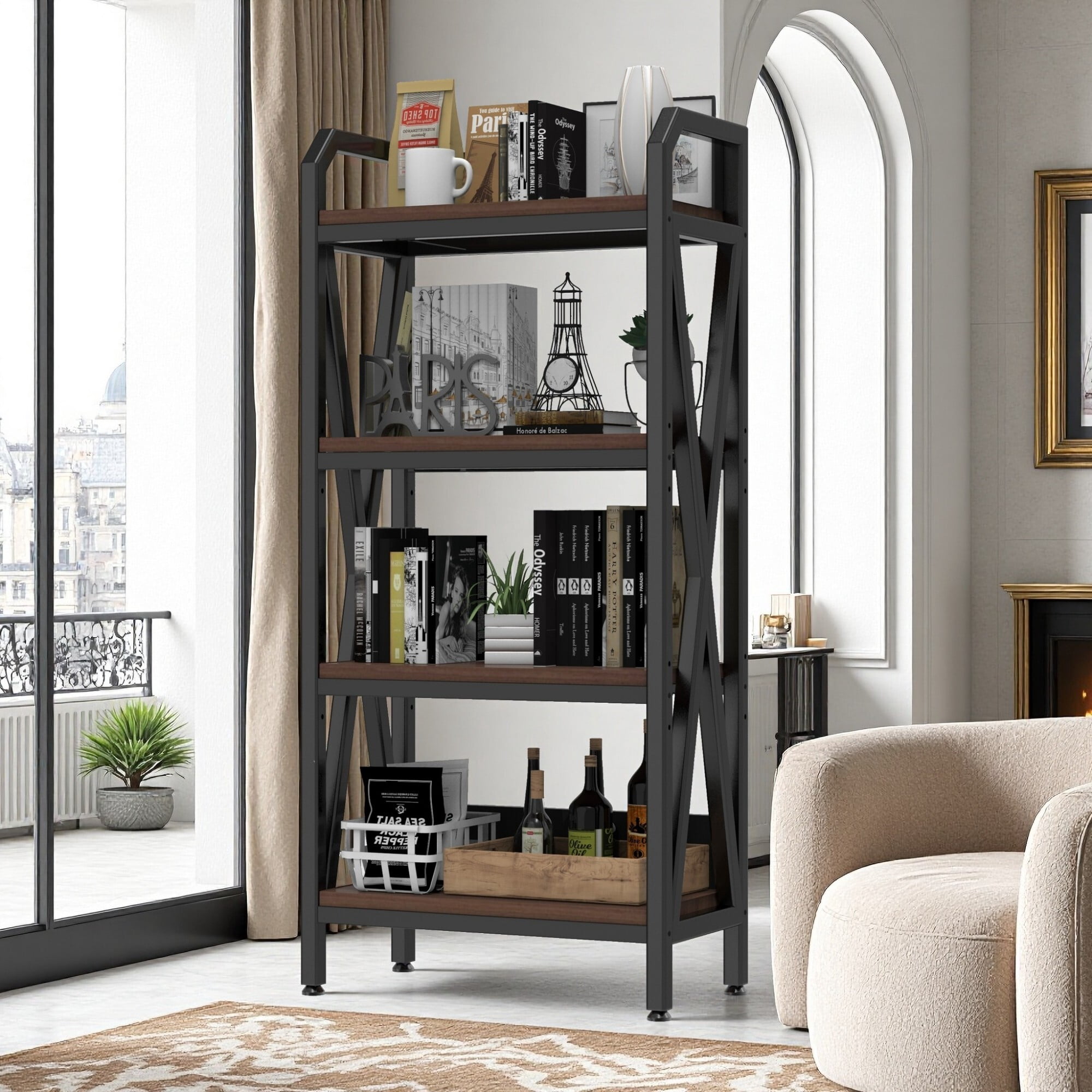 AENKYO 25.6" Wide 4-Tier Kitchen Storage Rack, Heavy-Duty Steel Frame with Rustic Wood Shelves, Metal Pantry Organizer, Black