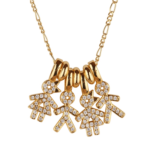 Collar para Mujer de Niños Personalizado LuckyLy, Baño de Oro 14k y Zirconia Cúbica, Cadena y Charms, Modelo Darcy Niño y Niña dorado 2 Niños 2 Niñas