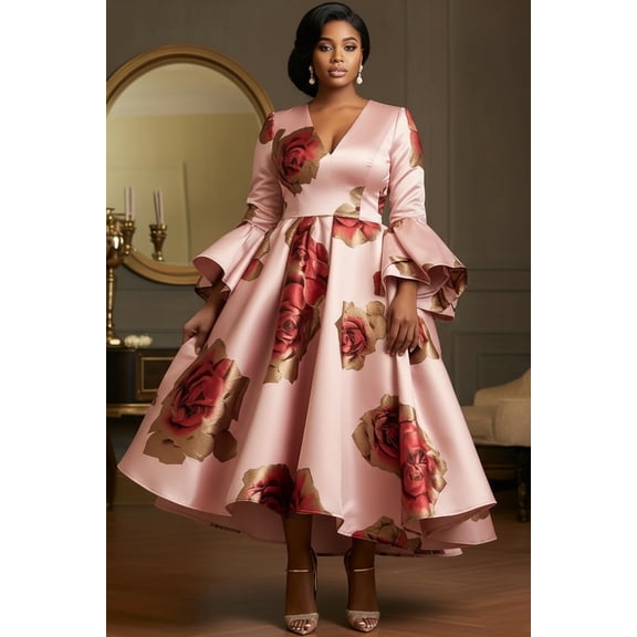 Womens Luxury Pink Satin Evening Gown Deep V 3/4 Flare Bell Sleeve Rose Print Swing Midi Dress