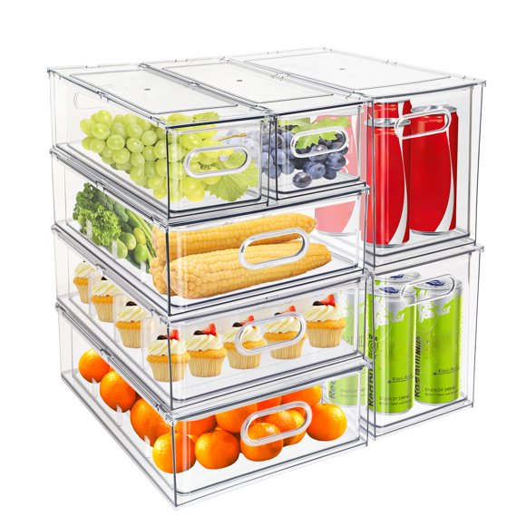 MineSign 7 pack Stackable Refrigerator Organizer Bins Pull-Out Drawers for Fruit and Veggies Storage Organizer for Fridge Clear Drawer Containers with Handle Divided O