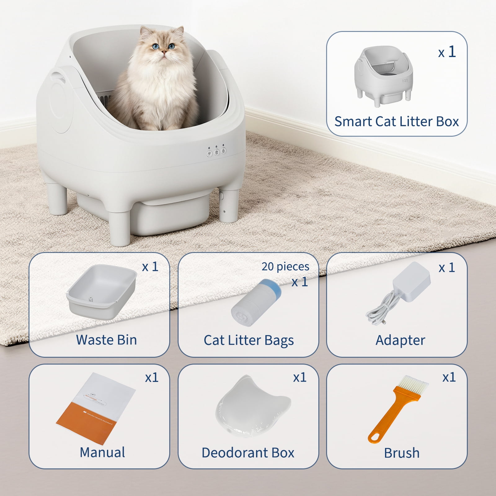 APP-Controlled Automatic Self-Cleaning Cat Litter Box – Open-Top Design, 10.5L Odor-Free Waste Disposal, Large Bin with Trash Bags, For Multiple Cats – Pet Toilet for Cat Hygiene, White