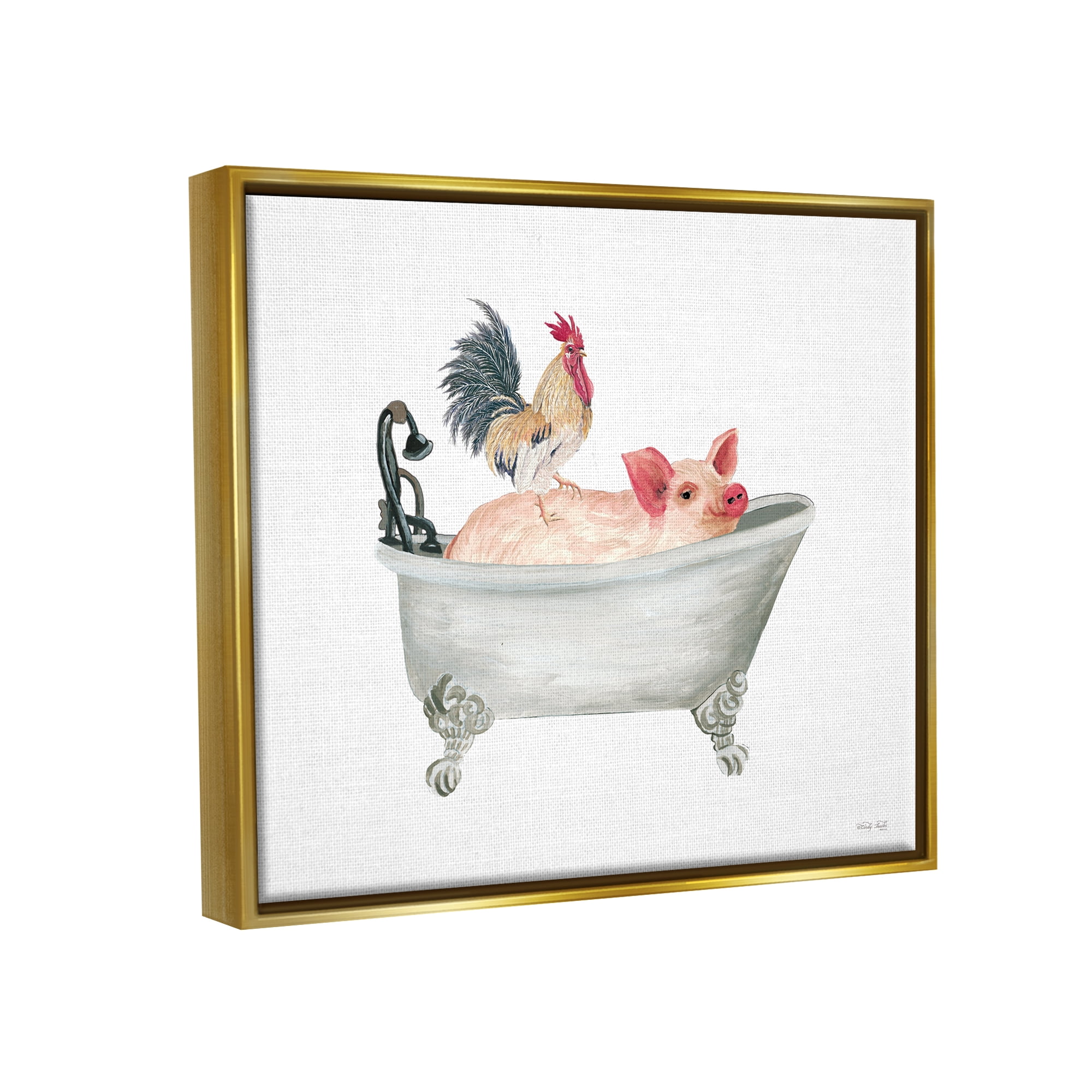 Stupell Industries Farmhouse Animals Tub Animals & Insects Painting Gold Floater Framed Canvas Art Print Wall Art, 21 x 17