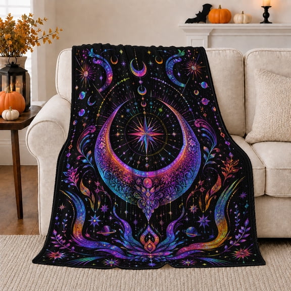 Rainbow Crescent Moon with Cosmic Stars, Psychedelic Celestial Style for Moon Lovers, Colorful Lunar Scene and Birthday Gift, Soft Flannel Blanket for Meditation Corner, Home Decor
