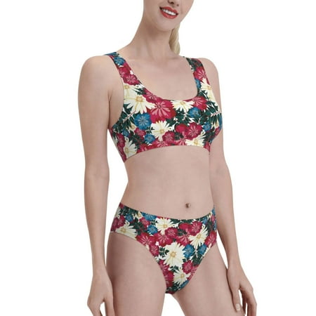 Uemuo Beautiful Flower Printed Women s High Waisted Bikini Sets Sporty Two Piece Swimsuits Color Block Cheeky High Cut Bathing Suits-Medium