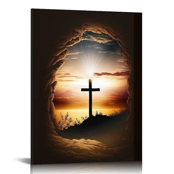 Christian Cross Wall Art Jesus Leaves the Tomb Canvas Painting Resurrected Savior Leaves the Tomb Posters Prints He Is Risen Pictures for Church Home Bedroom living room Home Wall Decor Framed