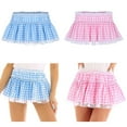 thumbnail image 2 of Womens Elastic Low Waist Checkered Plaids A Line Short Skirt Sweet Lace Trim Pleated Ruffled Maid Short Skaters Skirts, 2 of 7