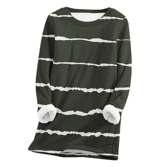 IROINNID Long Sleeve Shirts for Women Winter Warm Savings Women's Striped Loose Plush Top Thickened and Velvet Lamb Wool Warm Undershirt,Olive Green