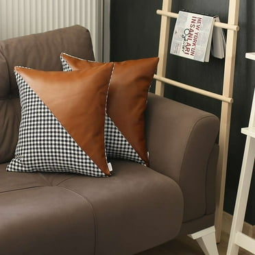 Boho-Chic Set of 2 Handcrafted Decorative Throw Pillow Cover Vegan Faux Leather Houndstooth 18" x 18" Brown & Black Square for Couch, Bedding