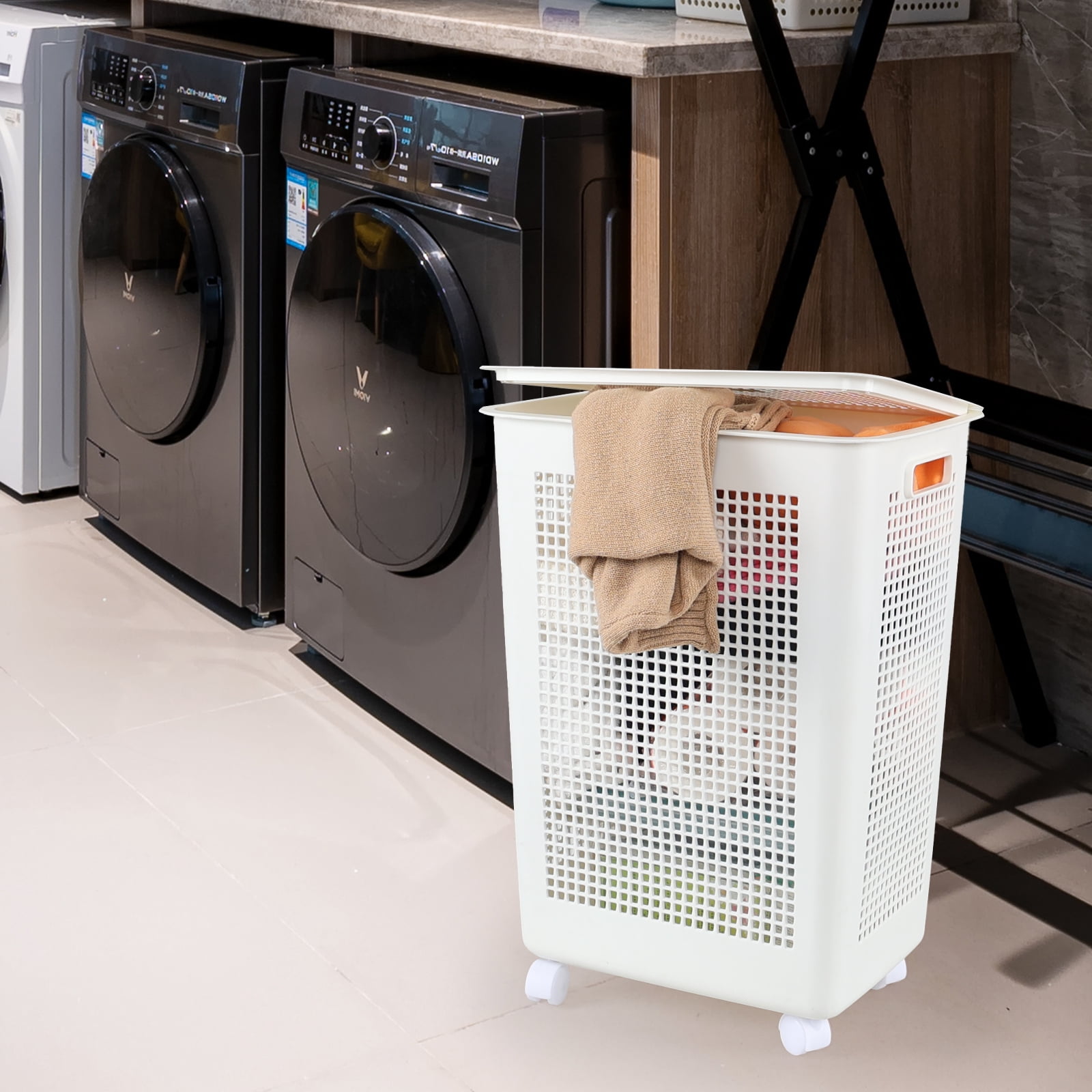 Ewingger 4 Pack 58 L Laundry Basket with Lid and Wheels, Large Plastic Dirty Clothes Hamper, White