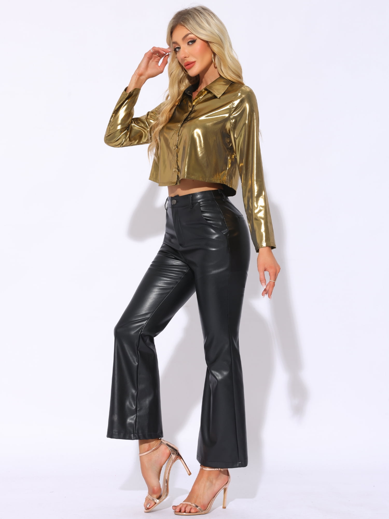 DARING DIVA Women's Long Sleeve Button Down Blouse Shirt Party Tops S Gold