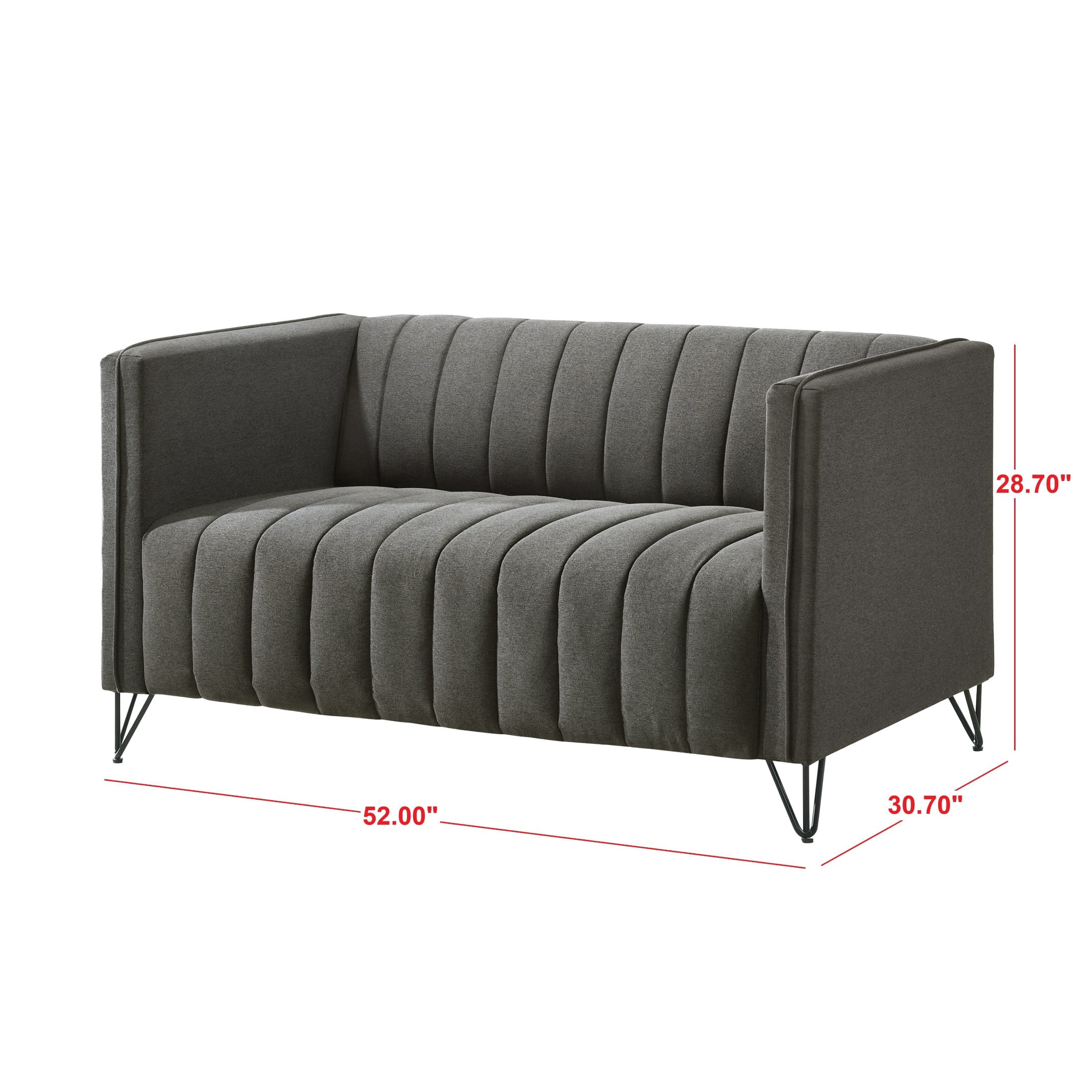 Home Design Kurtis 2-Piece Living Room Set with Square Arm Loveseat and Sofa, Channel-Tufted Upholstery, Gray