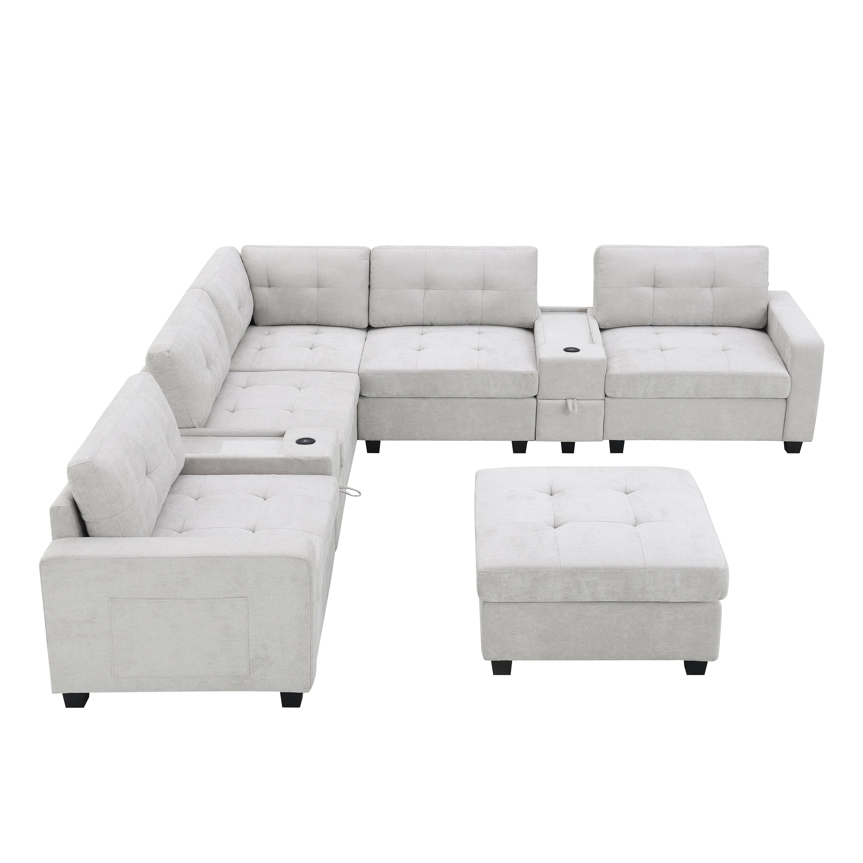 MAYEERTY 104" Sectional Sofa - Acrylic Table Top Chenille U-Shaped Couch with 2 Consoles/USB/Storage/Ottoman, Tufted for Living Room/Apartment, 2 Colors