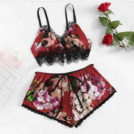 

Tfalo Lingerie For Women Pajamas For Women 2Pcs Womens Sexy Lingerie Pajamas Shorts Set Lace Nightwear Printed Underwear