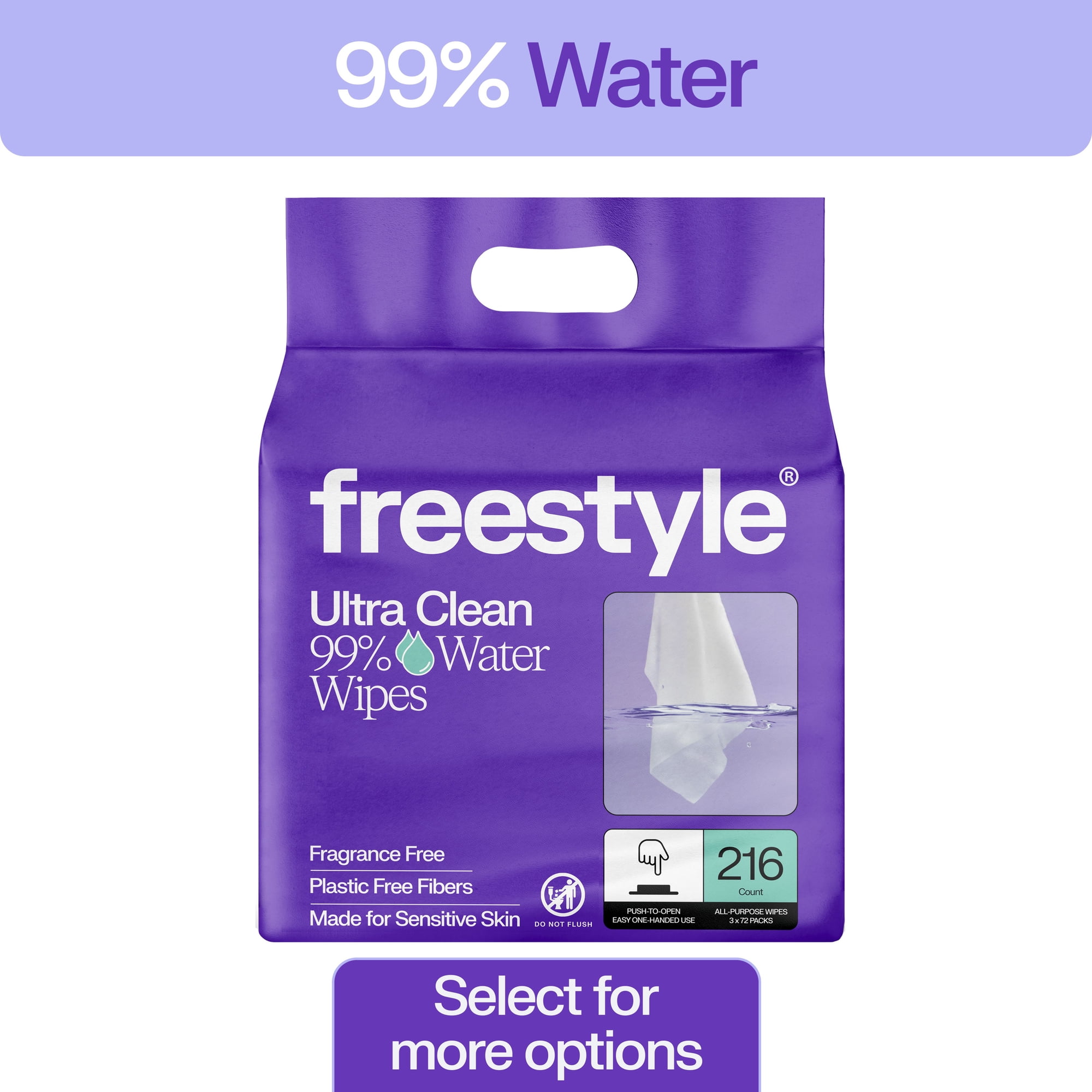 Freestyle Soft Jumbo Baby Wipes for Sensitive Skin, Unscented, 3 Flip-Top Packs, 216 Total Count