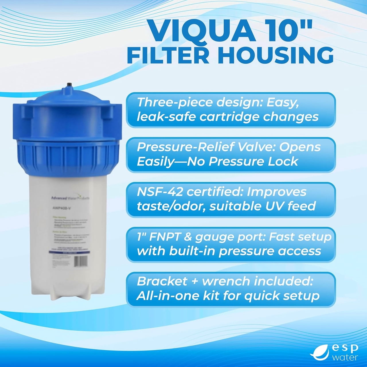 VIQUA AWP40B-V NSF 42 Certified 3-Piece High-Flow Whole House Pre-Filter Housing with Pressure Relief Valve, Mounting Bracket & Wrench 4.5 x 10 Inch, 1" FNPT, 20 GPM, UV Pre-Filtration