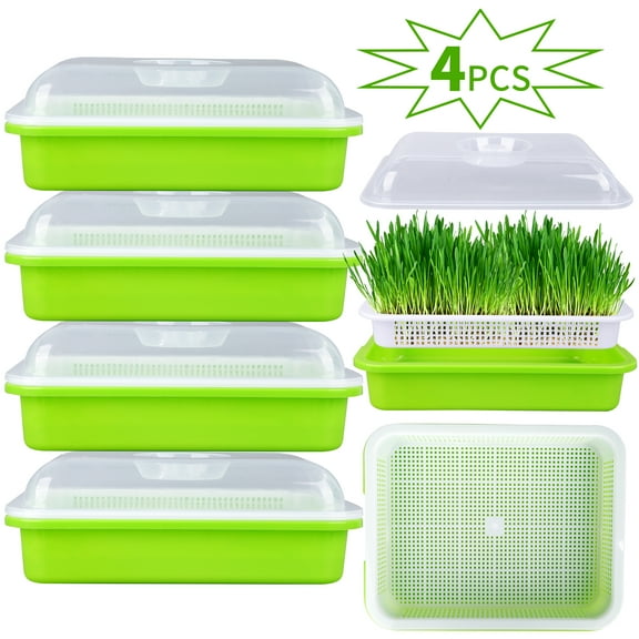 FiGoal 4 Pack Sprout Tray with Cover Soil Free Seeds Grower and Storage Trays for Garden Home Kitchen Use Sun Light Needed