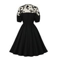 thumbnail image 4 of Fesfesfes Women Dress Short Sleeve Round-Neck Retro Solid Color Mesh Splicing High Waist Lace Elastic Waist Makings Dress Clearance Under $10, 4 of 8